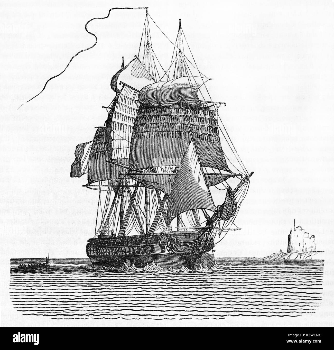 Alte Abbildung: fregatte in Gliederung, Ansicht von Steuerbord (antagosnistic Segel, noch stehen). Die durch unbekannte Thema nach Skulptur von Schwanthaler, auf Magasin Pittoresque, Paris, 1841 veröffentlicht. Stockfoto