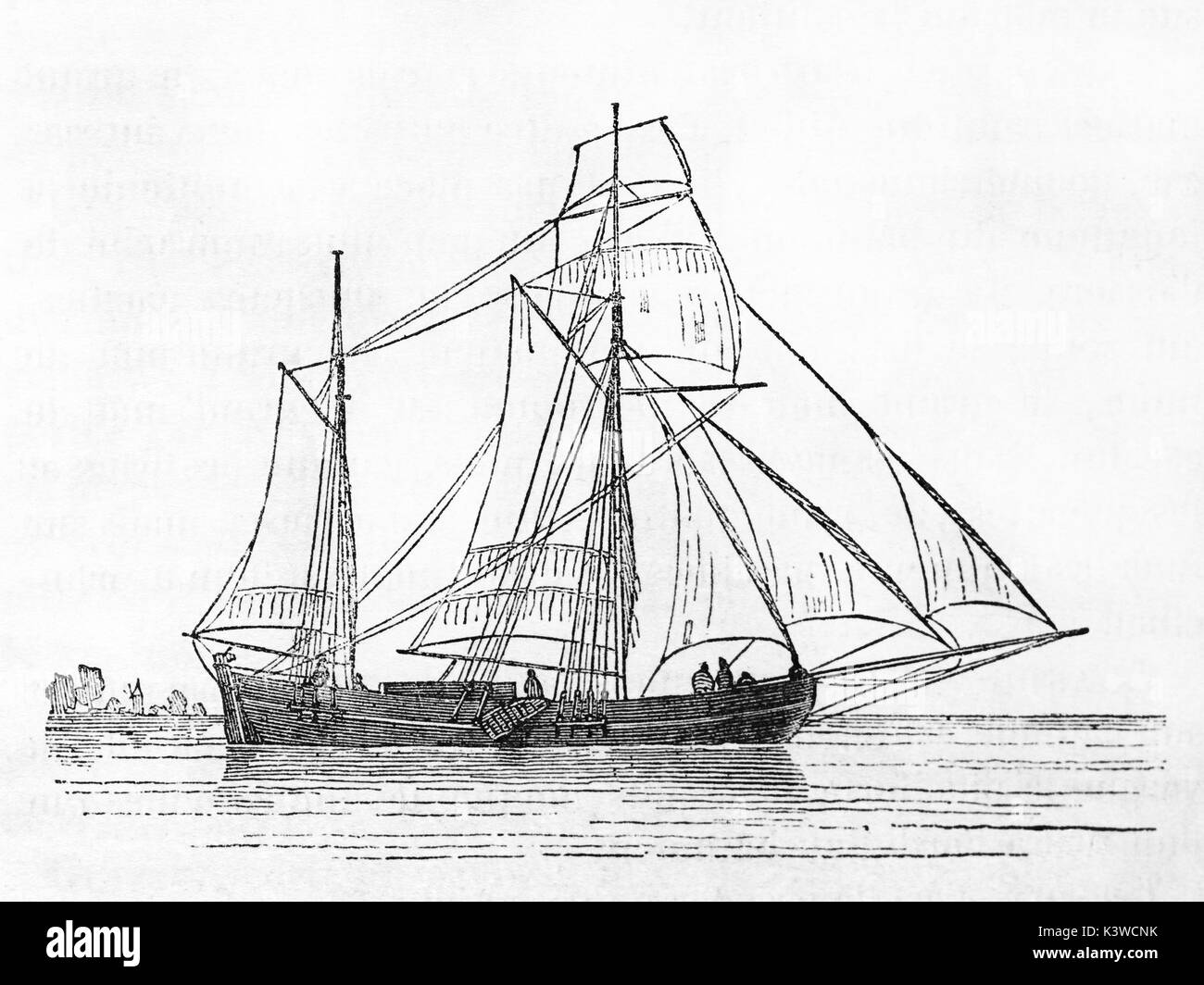 Alte Illustration eines Galiot, Niederländischen Handelsschiff. Von unbekannter Autor, auf Magasin Pittoresque, Paris, 1841 veröffentlicht. Stockfoto