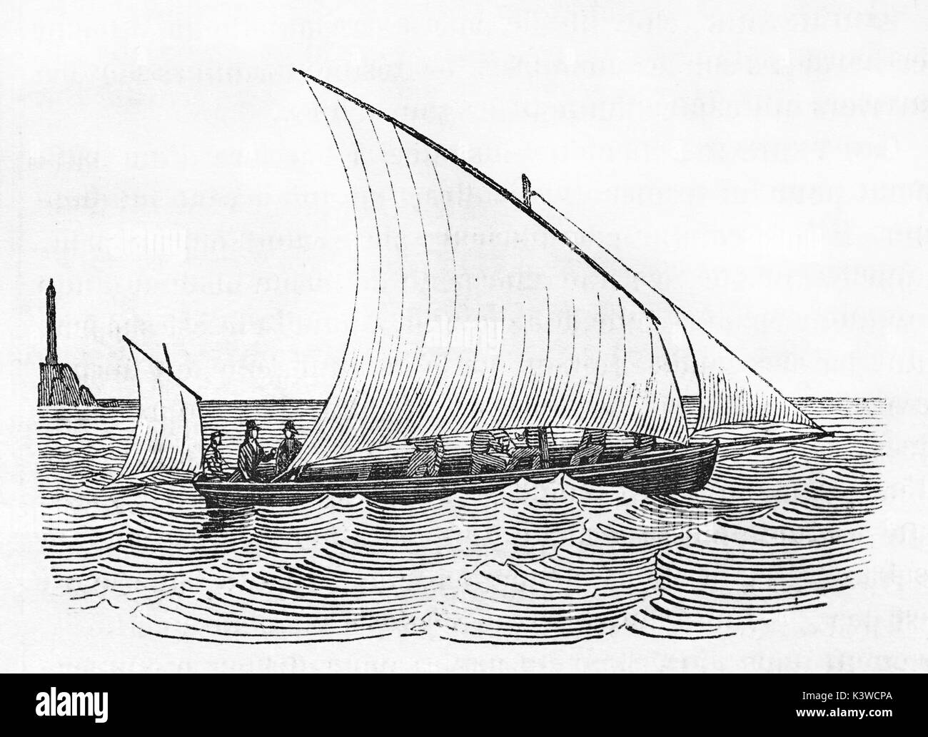 Alte Illustration eines Guigne, Flachbild - Segelboot aufgesessen. Von unbekannter Autor, auf Magasin Pittoresque, Paris, 1841 veröffentlicht. Stockfoto
