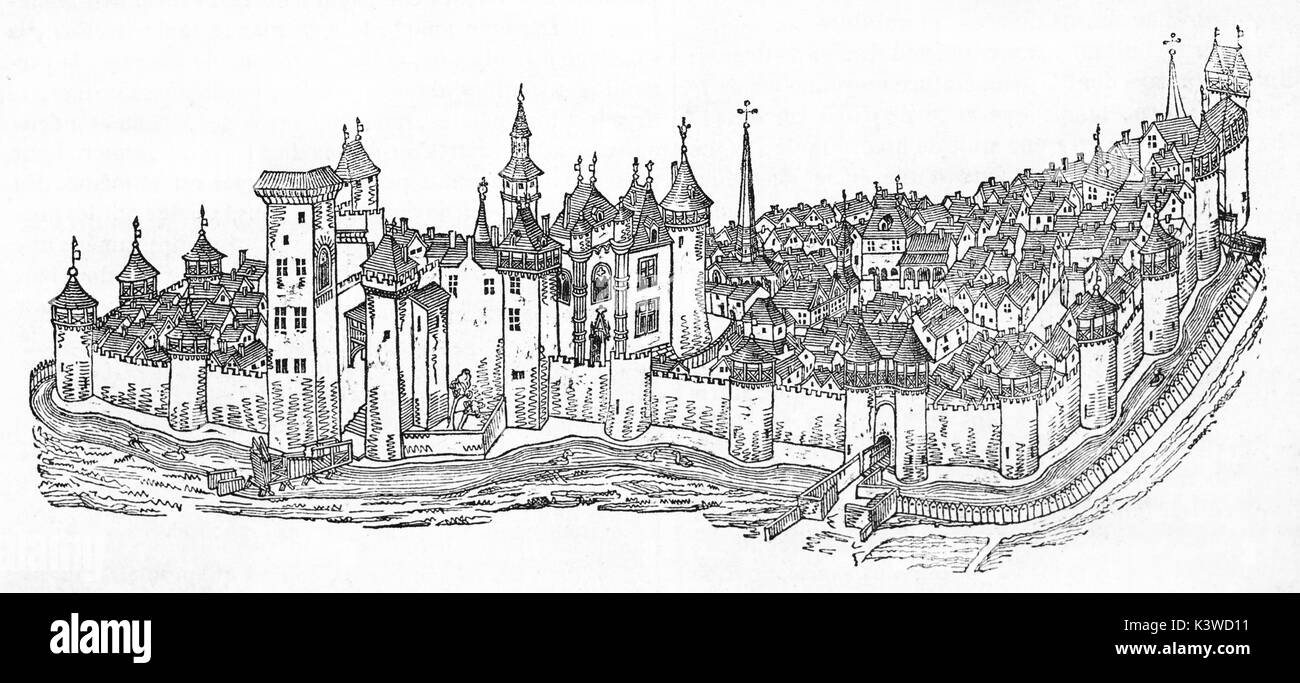 Die Stadt und die Burg von Moulins (Allier), Frankreich. Von unbekannter Autor, nach dem XV. Jahrhundert alten Manuskript, auf Magasin Pittoresque, Paris, 1841 veröffentlicht. Stockfoto