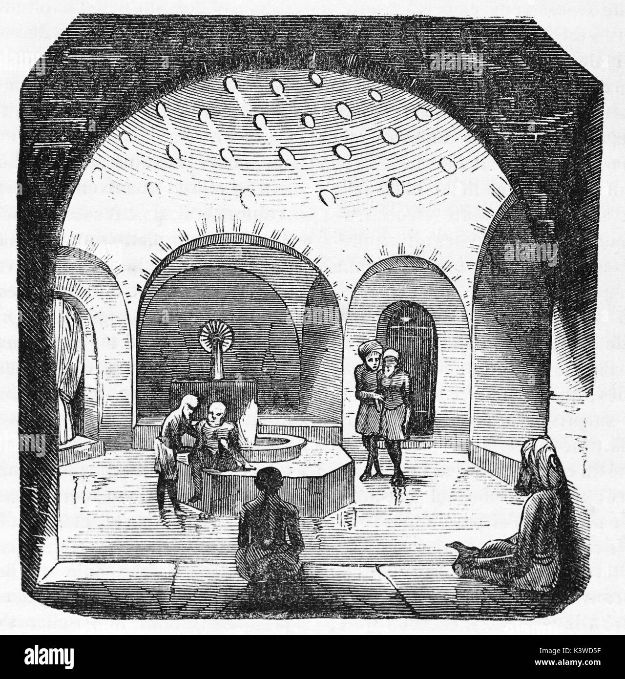 Innenraum eines türkischen Bads (Hammam), gewölbter Dampfraum mit badenden Figuren, Brunnen, gewölbte Nischen, quadratische Ausrichtung, Paris, 1841 Stockfoto
