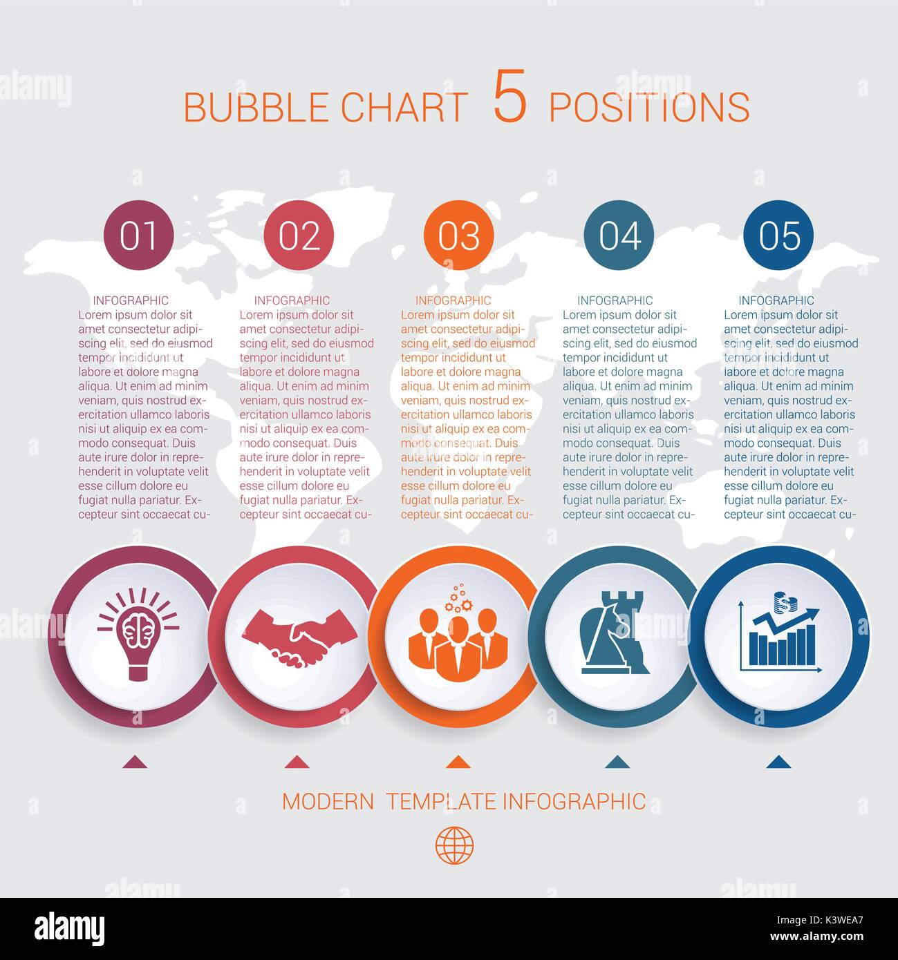 Infografik Charts Unternehmen Schritt für Schritt 5 Positionen bunte Blasen Stock Vektor