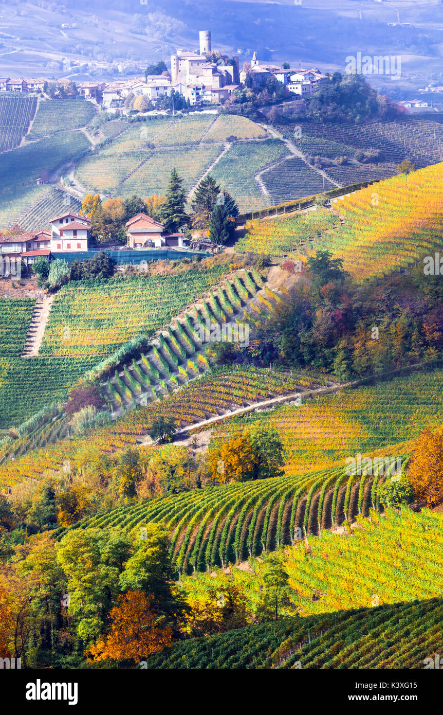 Herbst Landschaft - amazing goldenen Weinbergen und Burgen der Region Piemont - Reben, Region im Norden von Italien Stockfoto