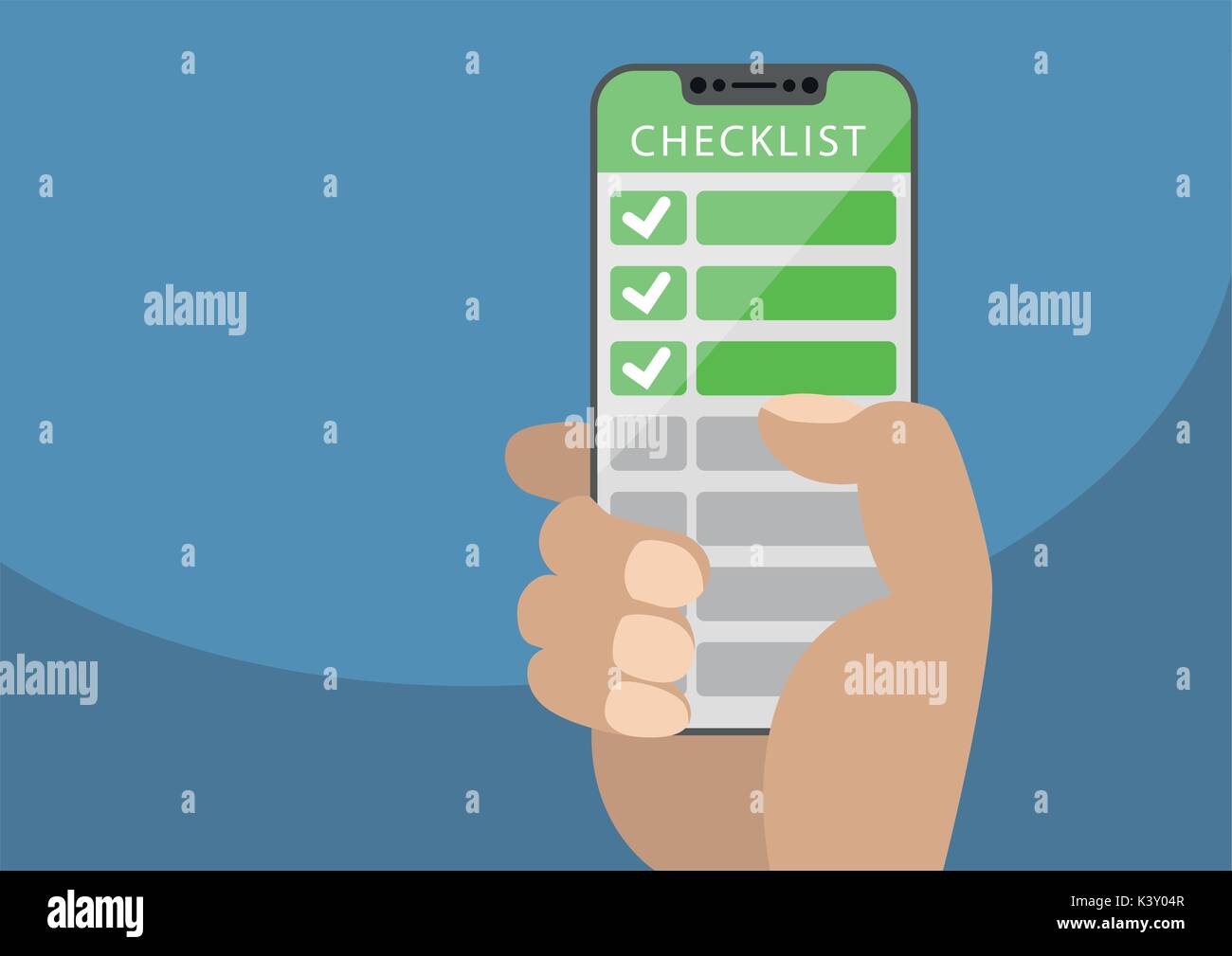 Hand, die Blende - Smartphone mit grünen Checkliste als Konzept für mobile und Online TODO-Listen. Vector Illustration mit rahmenlosen Touchscreen Stock Vektor