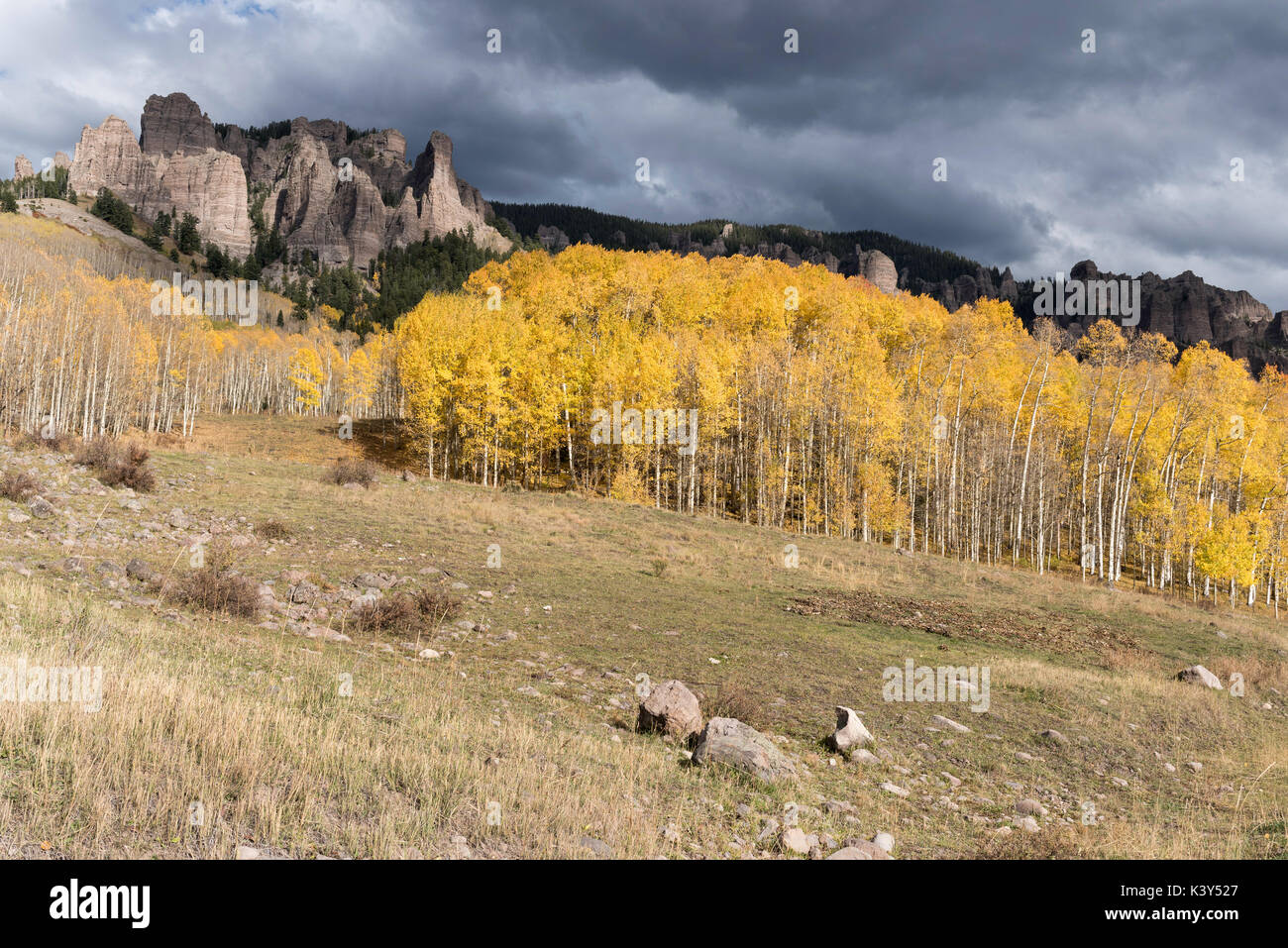 Hohe Mesa Pinnacles in Cimarron Valley Colorado. Anfang Herbst mit approaching storm. Cimarron Tal in Gunnison National Forest befindet. Stockfoto