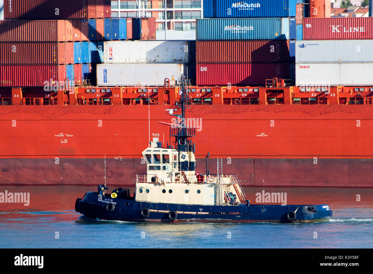Svitzer Sines Tug Boat segeln vorbei an einem großen Containerschiff Stockfoto