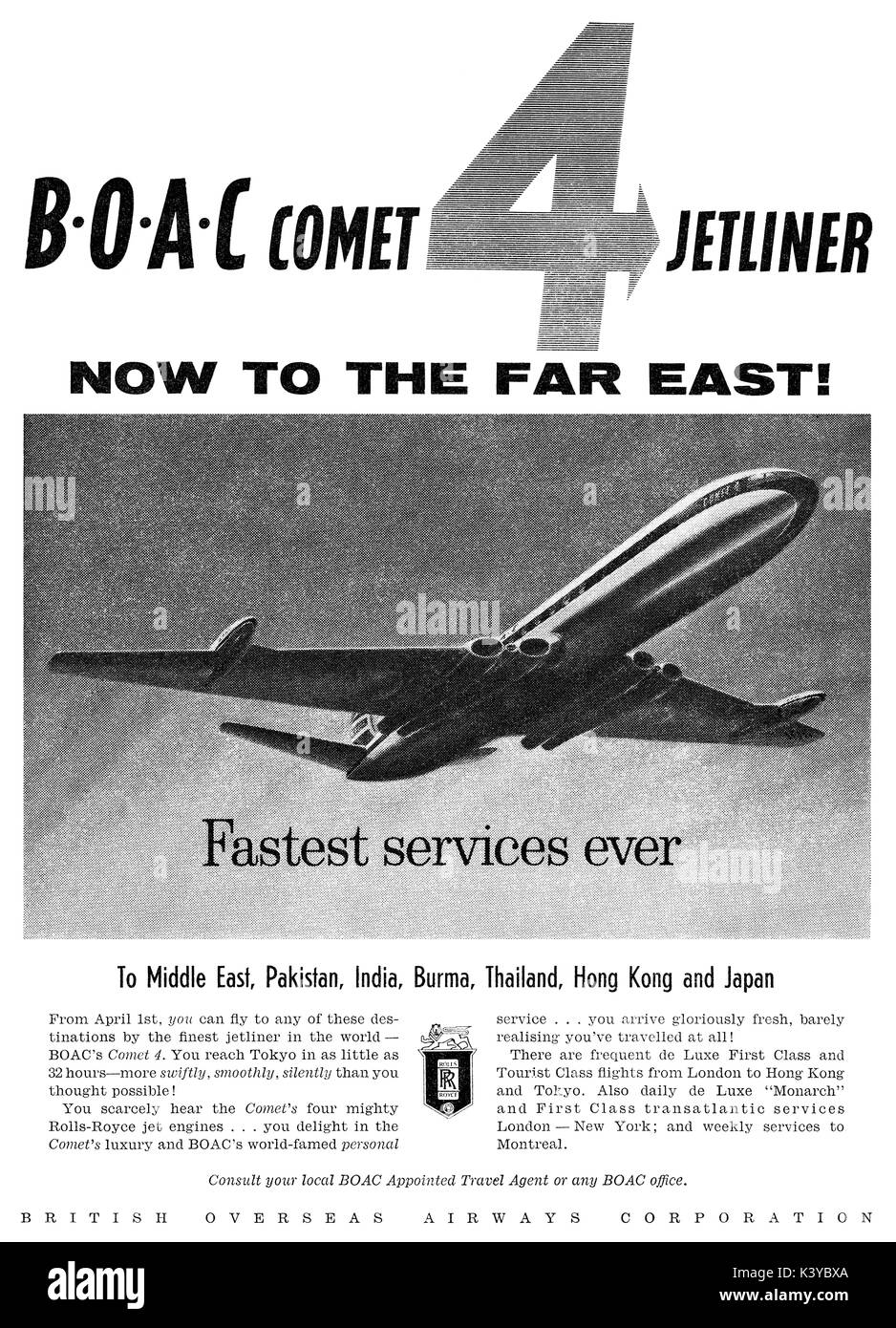 1959 britischen Werbung für B.O.A.C. mit der de Havilland Comet 4 Airliner. Stockfoto