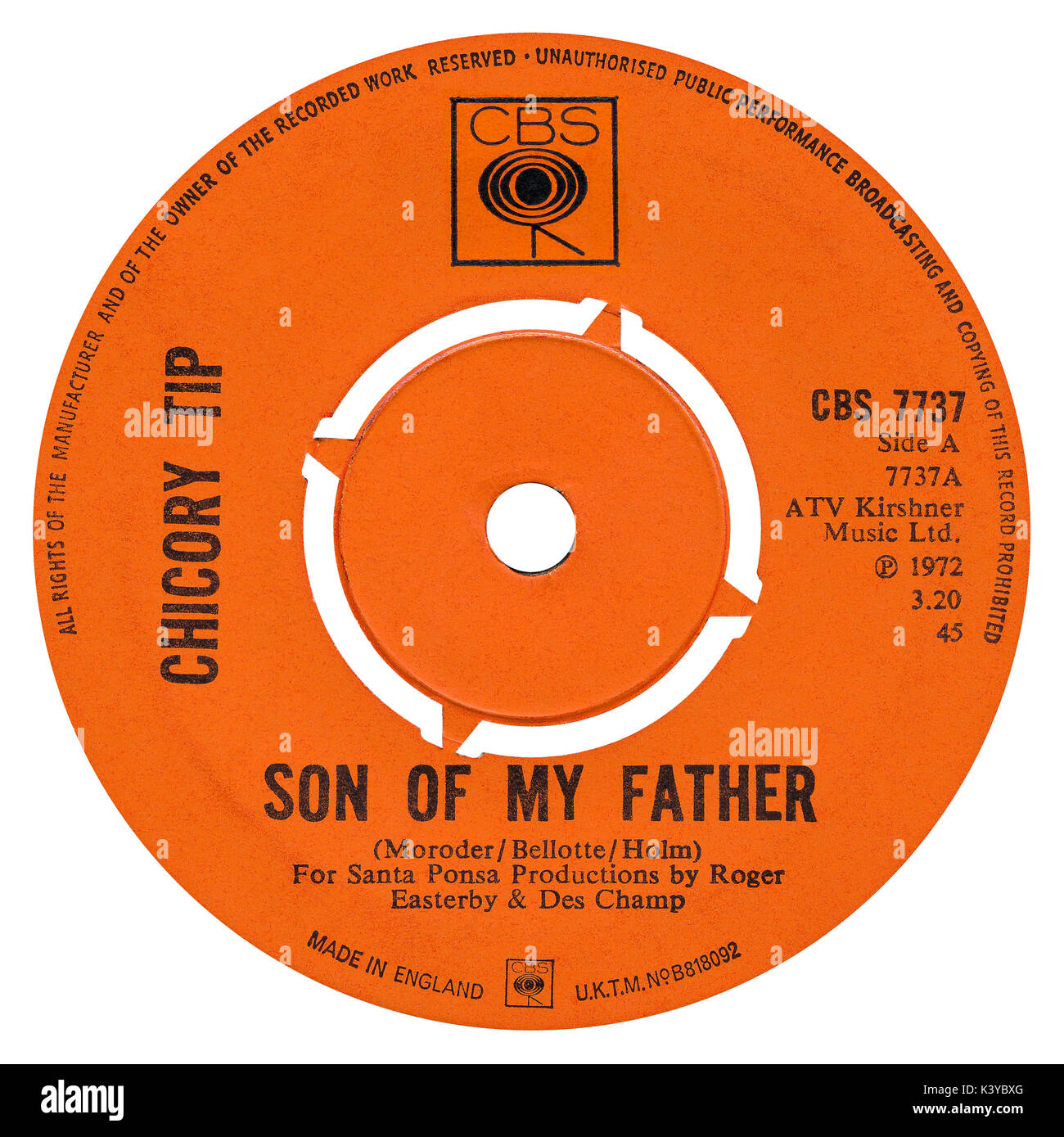 45 U/min 7" das britische Label der Sohn meines Vaters von chicoree Tipp auf der CBS Label von 1972. Die von Giorgio Moroder geschrieben. Stockfoto
