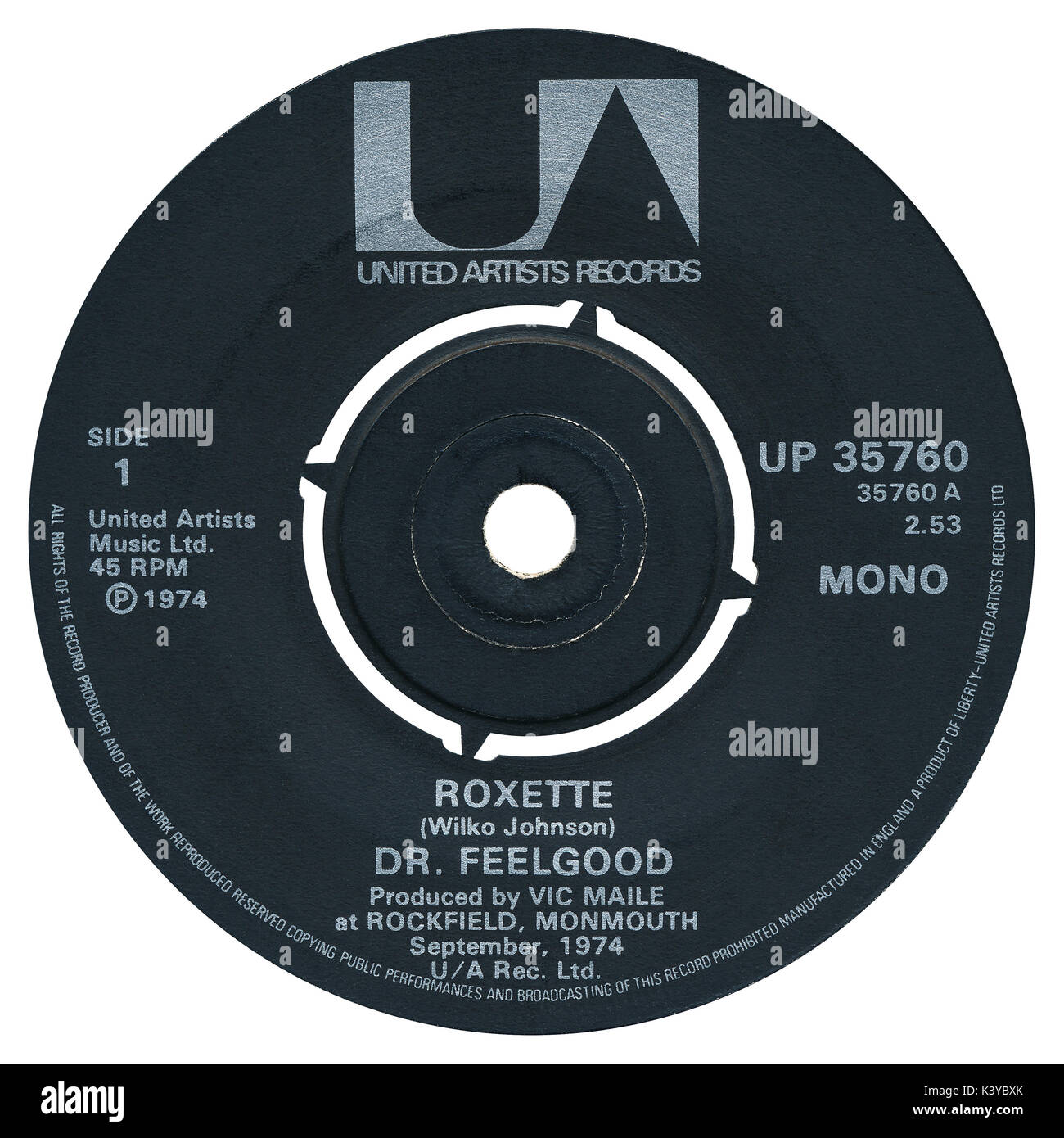 45 U/min 7" das britische Label von Roxette von Dr. Feelgood auf der United Artists Label von 1974. Von Wilko Johnson geschrieben und von Vic Maile produziert. Stockfoto