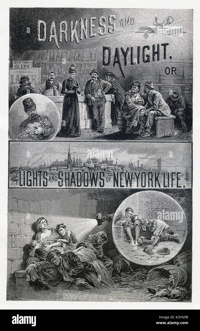 Diese späte 19. Jahrhundert Abbildung zeigt das Öffnen Abbildung im Buch - Dunkelheit und Tageslicht in New York (1899) von Helen Campbell (1918), Thomas W. Knox (1896), und Thomas Byrnes (1910), von A.D. Worthington & Co. veröffentlicht Es konzentriert sich auf die Obdachlosen in New York City. Stockfoto