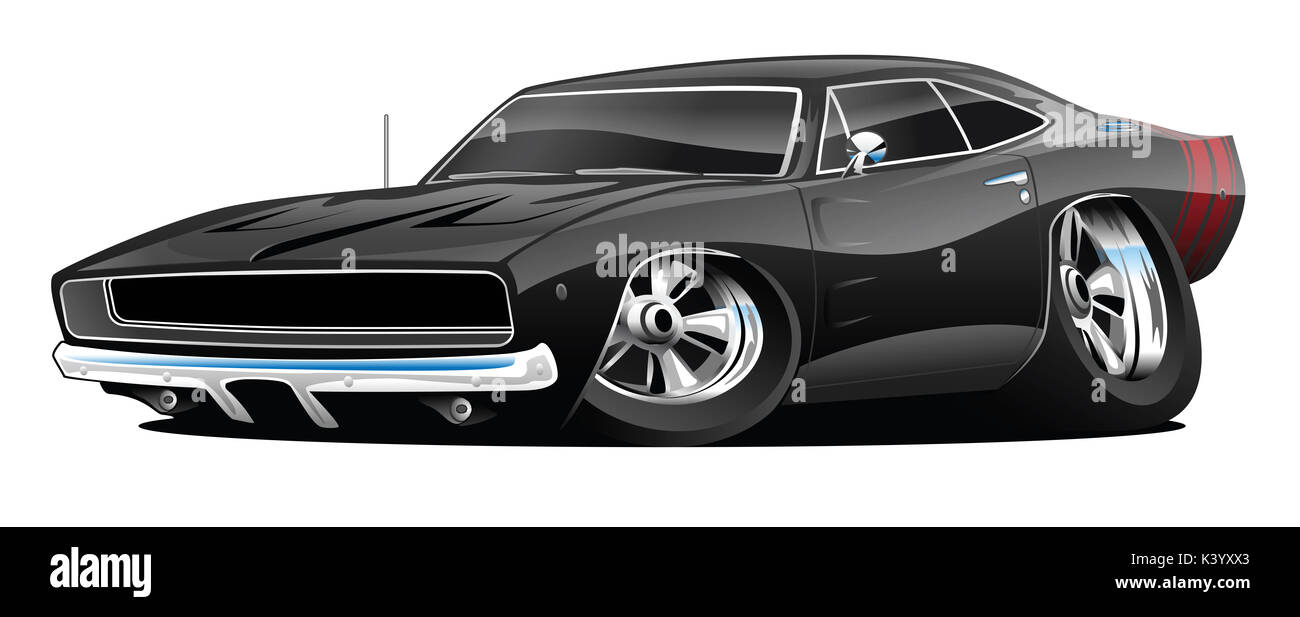 Klassische amerikanische Schwarze Muscle Car Cartoon Illustration Stockfoto