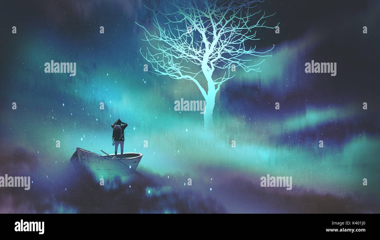 Mann auf einem Boot in den Weltraum mit Wolken in leuchtenden Baum mit Sternen, digital art Stil, Illustration Malerei Stockfoto