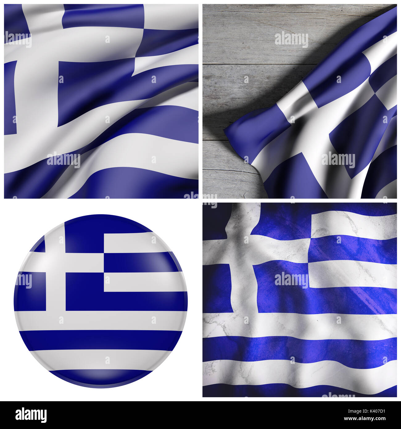 Zusammensetzung von vier 3D Rendering Griechenland Flaggen Stockfoto