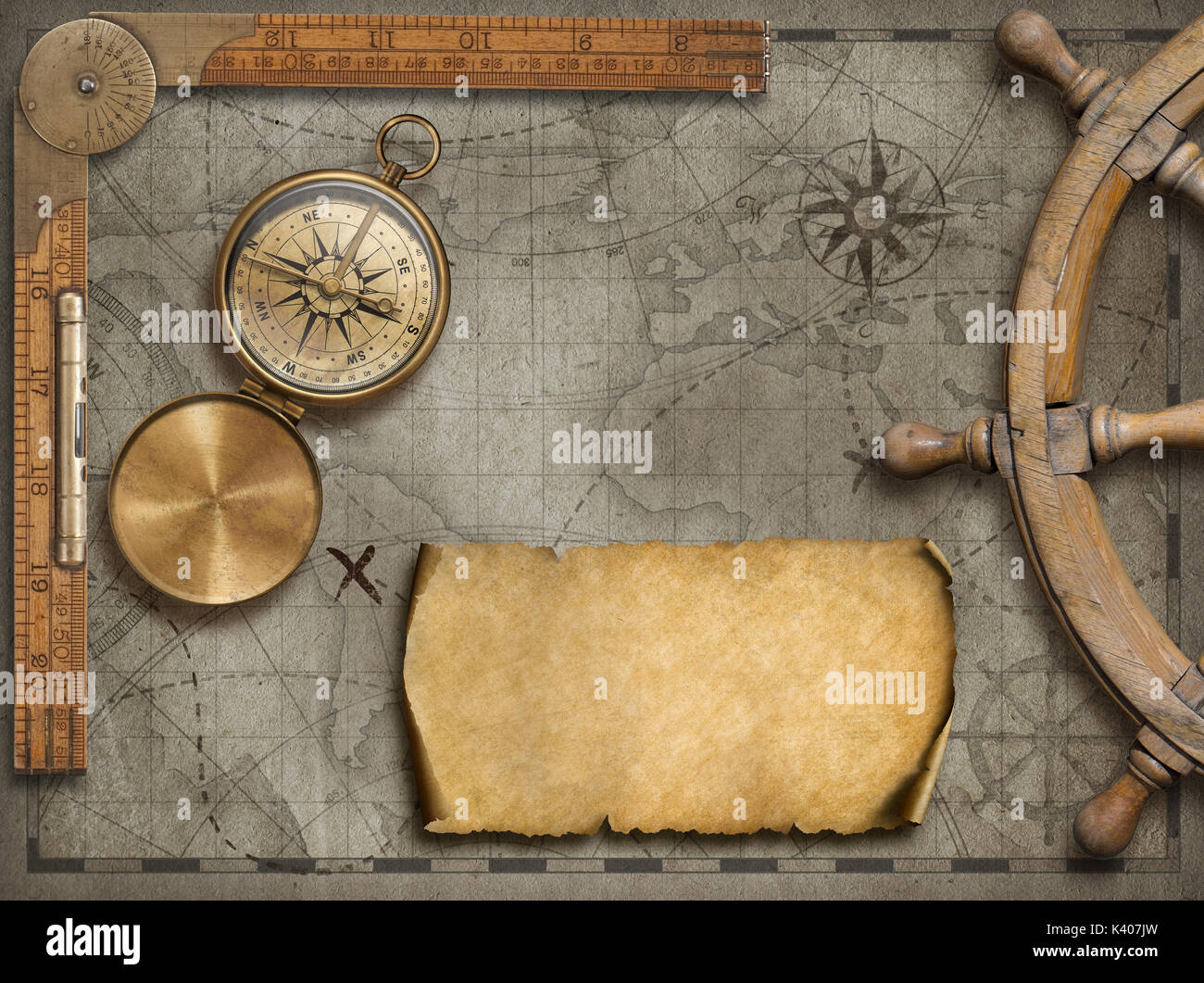 Alte Map-Hintergrund mit Kompass. Abenteuer und Reisen-Konzept. 3D Illustration. Stockfoto