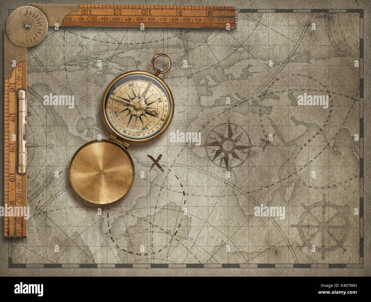 Alte Karte Hintergrund mit Kompass und Herrscher. Abenteuer und Reisen Konzept. 3D-Darstellung. Stockfoto