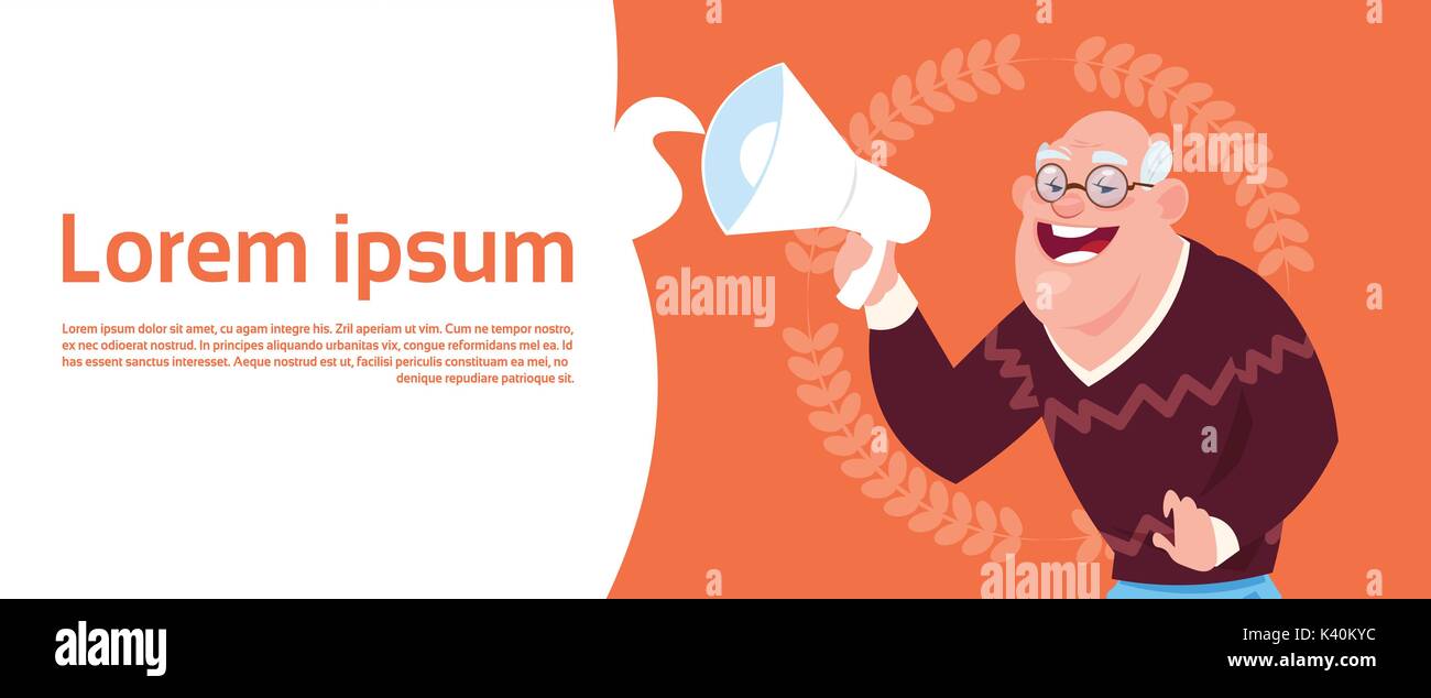 Älterer Mann mit Megaphon mit Kopie Raum moderne Großvater Stock Vektor