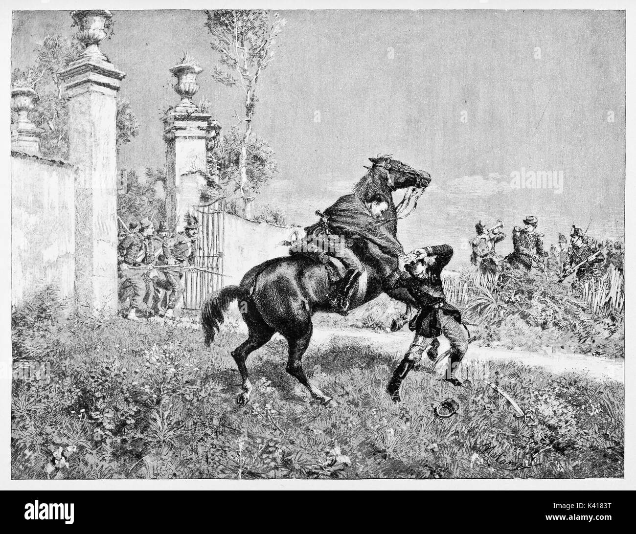 Alte Soldat auf einem Pferd Angriffe der Gegner. Italienischer patriot Nino Bixio verhaften Großen Picard französischen Offizier. Durch E.Matania auf Garibaldi e i Suoi Tempi Mailand Italien 1884 veröffentlicht. Stockfoto