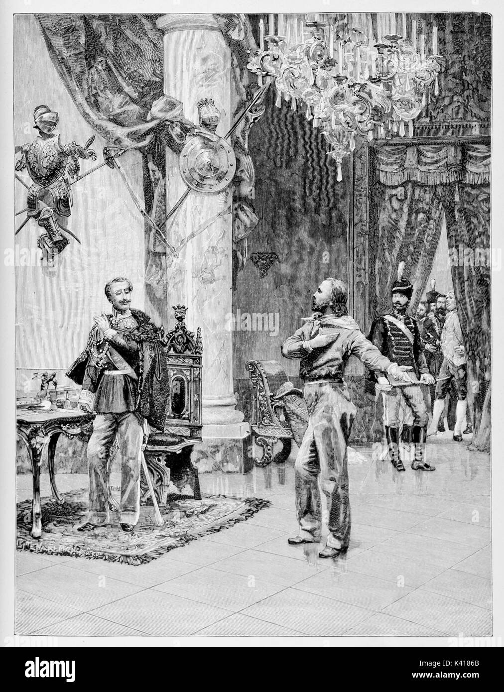 Garibaldi trifft König Carlo Alberto in einem luxuriösen Royal Hall mit einem großen Kristall Kronleuchter. Durch E.Matania auf Garibaldi e i Suoi Tempi Mailand Italien 1884 Garibaldi und Carlo Alberto veröffentlicht. Stockfoto