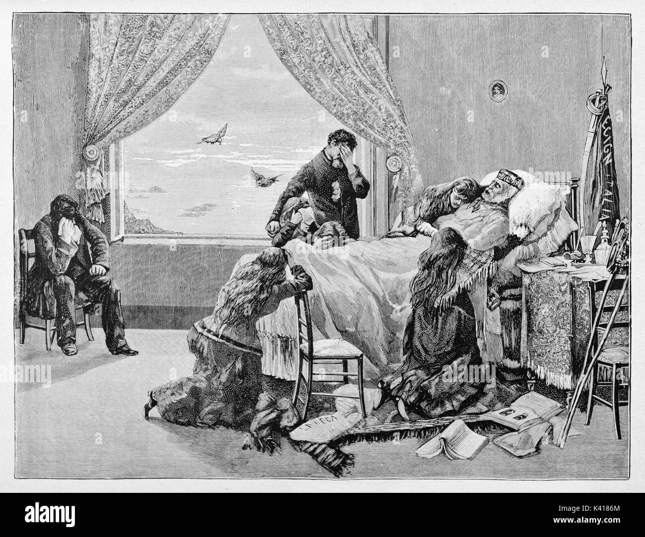 Garibaldi sterben auf dem sterbebett betreut durch seine traurige Familie in einem Zimmer in Caprera. Durch E.Matania auf Garibaldi e i Suoi Tempi Mailand Italien 1884 veröffentlicht. Stockfoto