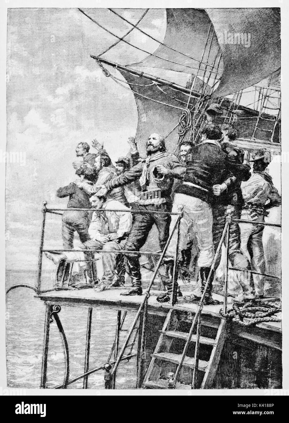Detail von Garibaldi in den Himmel schauen, an Bord eines alten Schiffes mit seiner Crew. Durch E.Matania auf Garibaldi e i Suoi Tempi Mailand Italien 1884 Garibaldi an Bord veröffentlicht. Stockfoto
