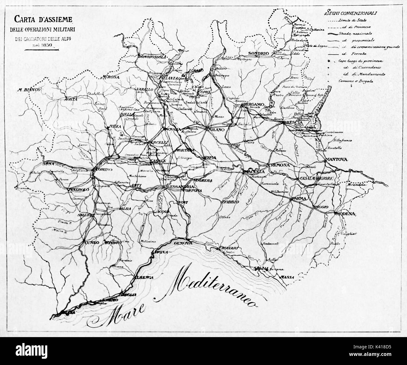 Alte schwarz-weiße Karte von Jägern der Alpen militärische Aktionen im Jahr 1859. Durch E.Matania auf Garibaldi e i Suoi Tempi Mailand Italien 1884 veröffentlicht. Stockfoto