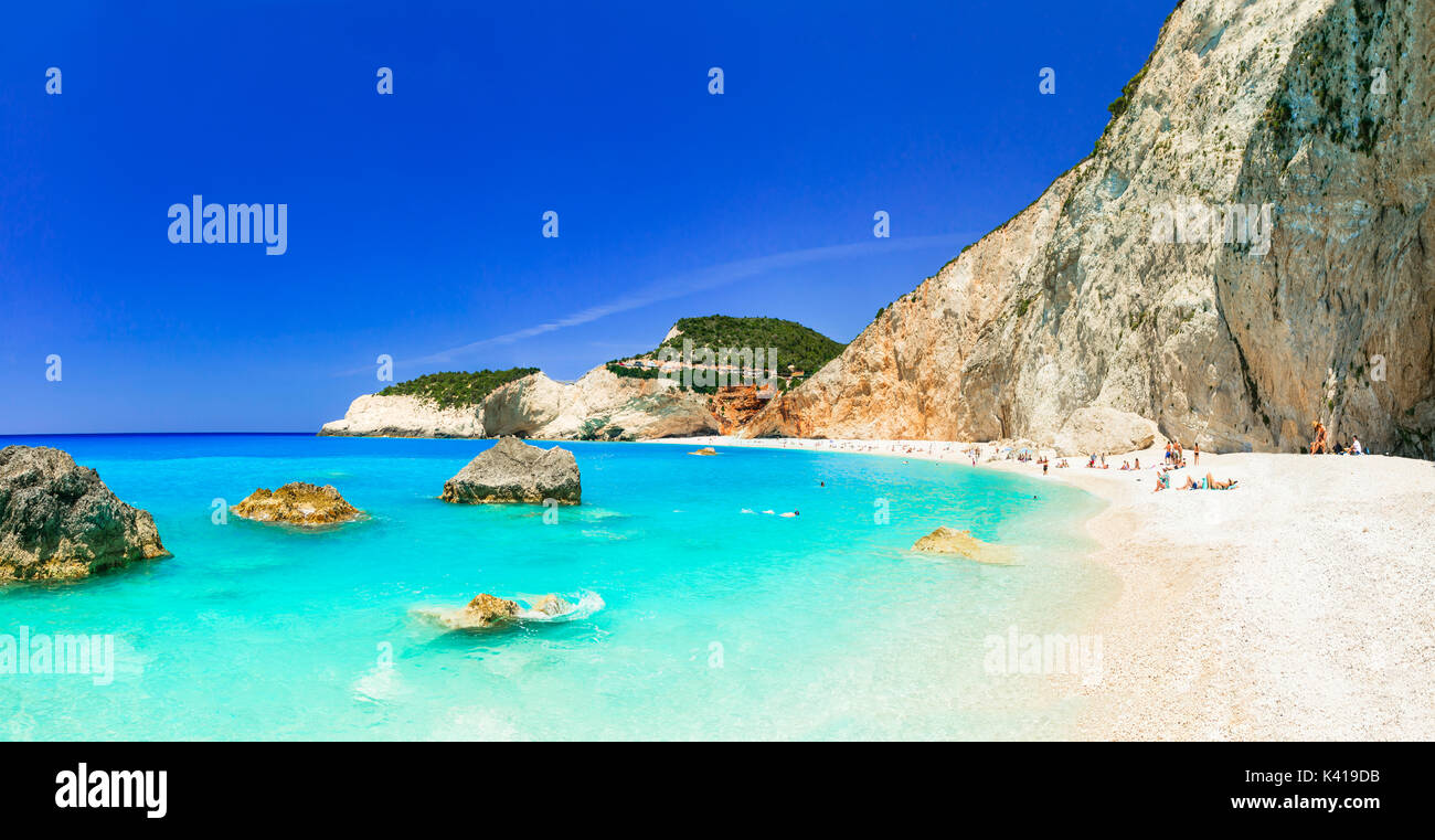 Beeindruckende Strand Porto Katsiki, Lefkada Insel, Griechenland. Stockfoto