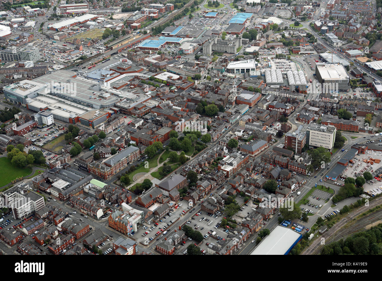 Luftaufnahme von Warrington town centre einschließlich Palmyra Square, Großbritannien Stockfoto