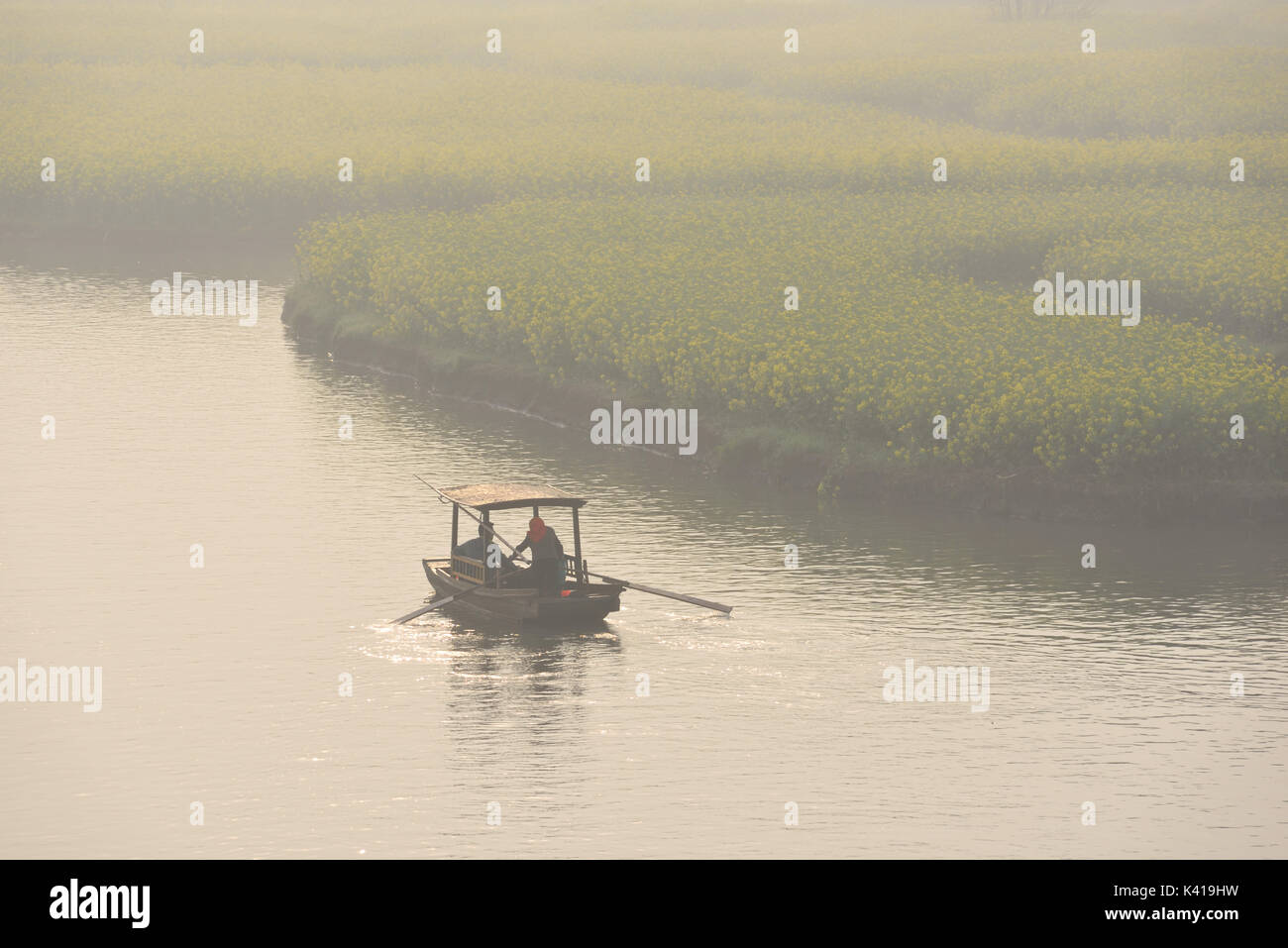 Tretboot Canal in Raps Feld am Morgen, Xinghua, Jiangsu, China Stockfoto