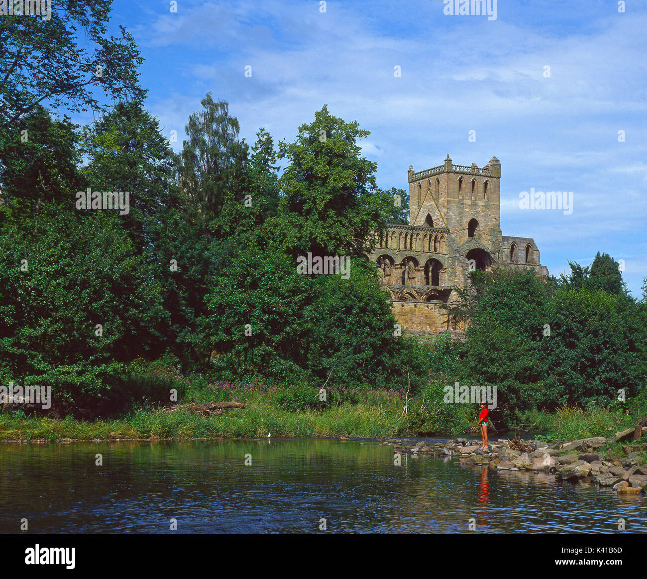 Jedburgh Abbey von Jed Wasser, Roxburghshire, Scottish Borders Stockfoto