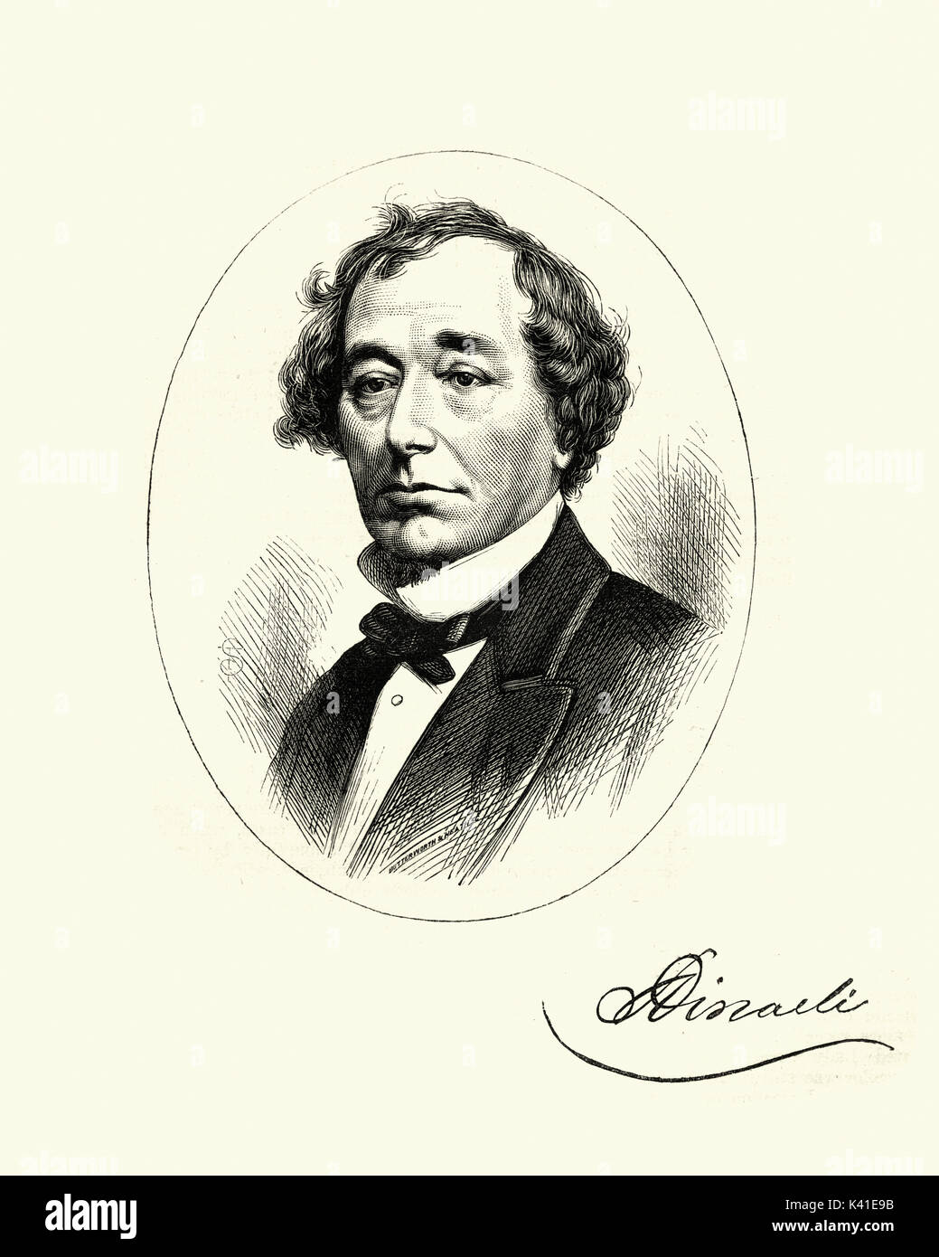 Vintage Gravur von Benjamin Disraeli ein britischer Politiker und Schriftsteller, der zweimal als Premierminister des Vereinigten Königreichs serviert. Stockfoto