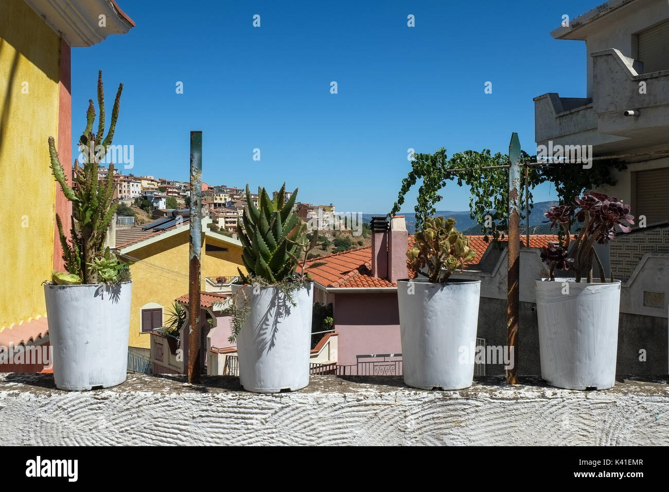 Weiß Blumentöpfe aufgereiht auf einer Wand mit Blick auf Orgosolo, Sardinien Stockfoto