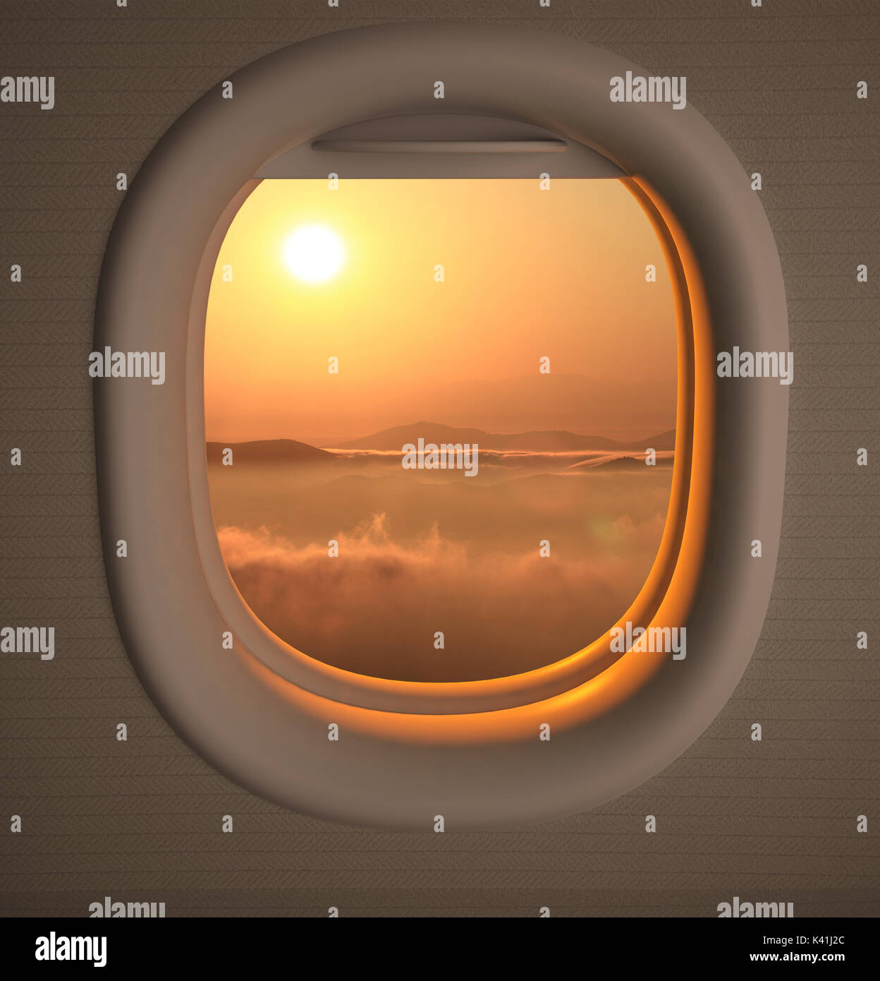 Flugzeuge Fensterplatz mit Blick auf Sonnenuntergang / Sonnenaufgang Stockfoto