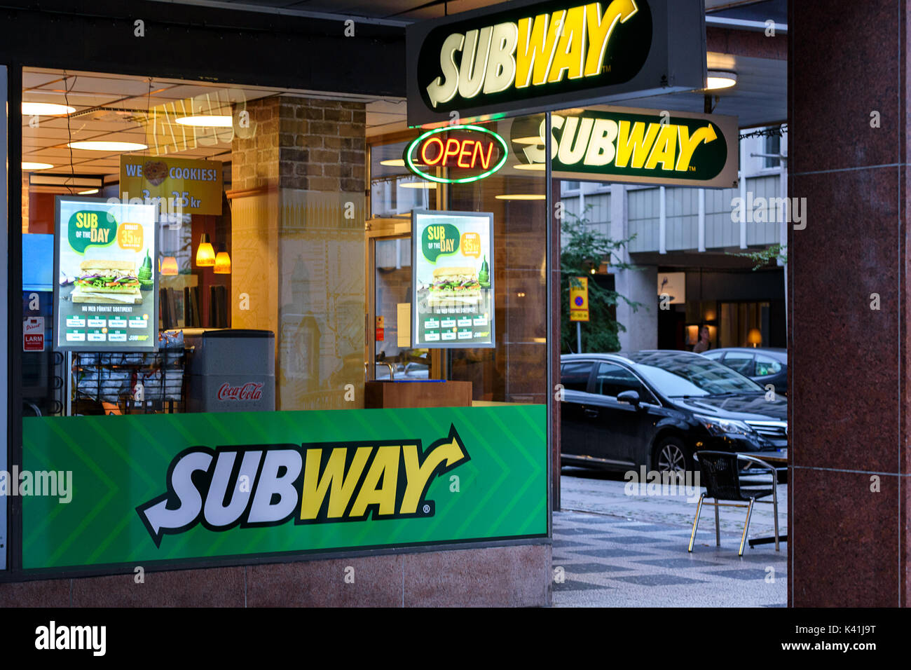 Malmö, Schweden - 25. Juli 2017: U-Bahn Restauraut draußen. U-Bahn ist eine US-amerikanische Fast-Food-Restaurant Franchise. Stockfoto