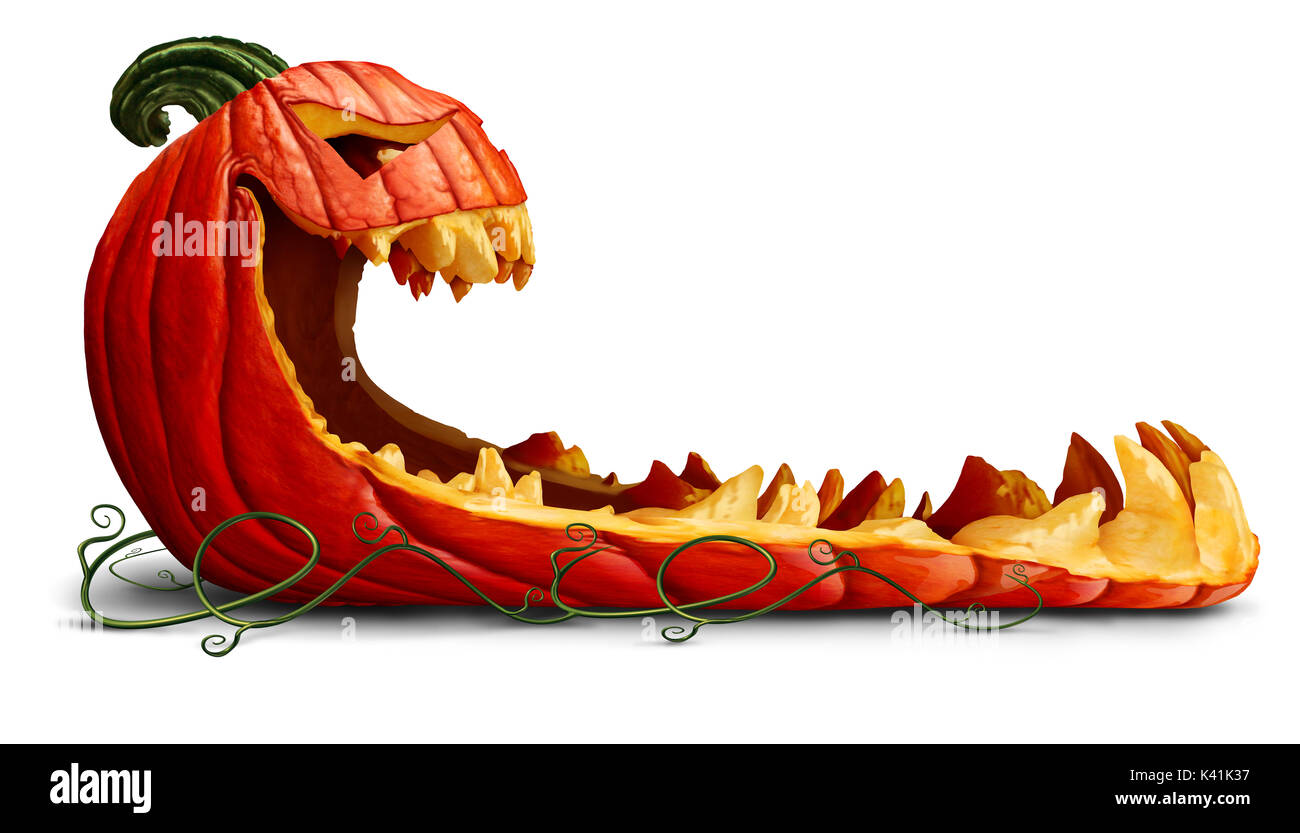 Kürbis Halloween Förderung als leeres Zeichen als eine gruselige orange Charakter mit jack o lantern Zähne als Werbung und Marketing. Stockfoto