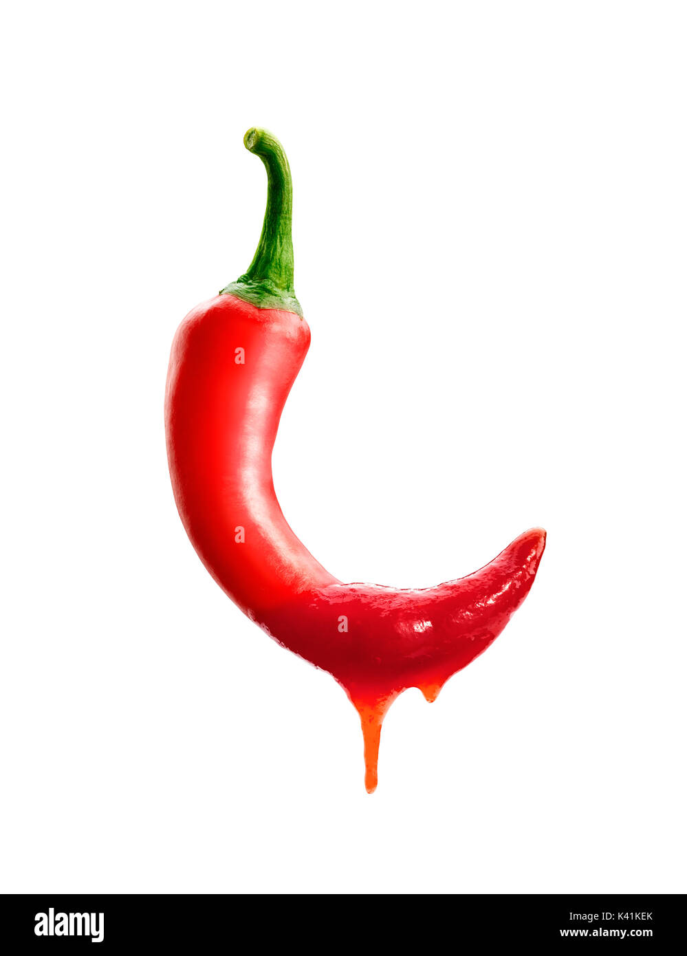 Red Chili Pfeffer mit Hot Chili Sauce Bratenfett auf weißem Hintergrund Stockfoto
