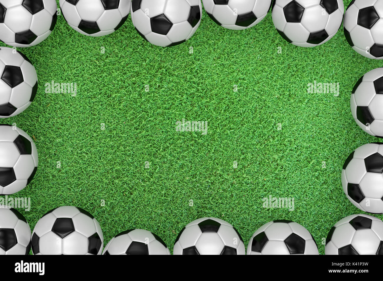 Fußball-Fußball auf der grünen Wiese, Ansicht von oben, 3d Stockfoto