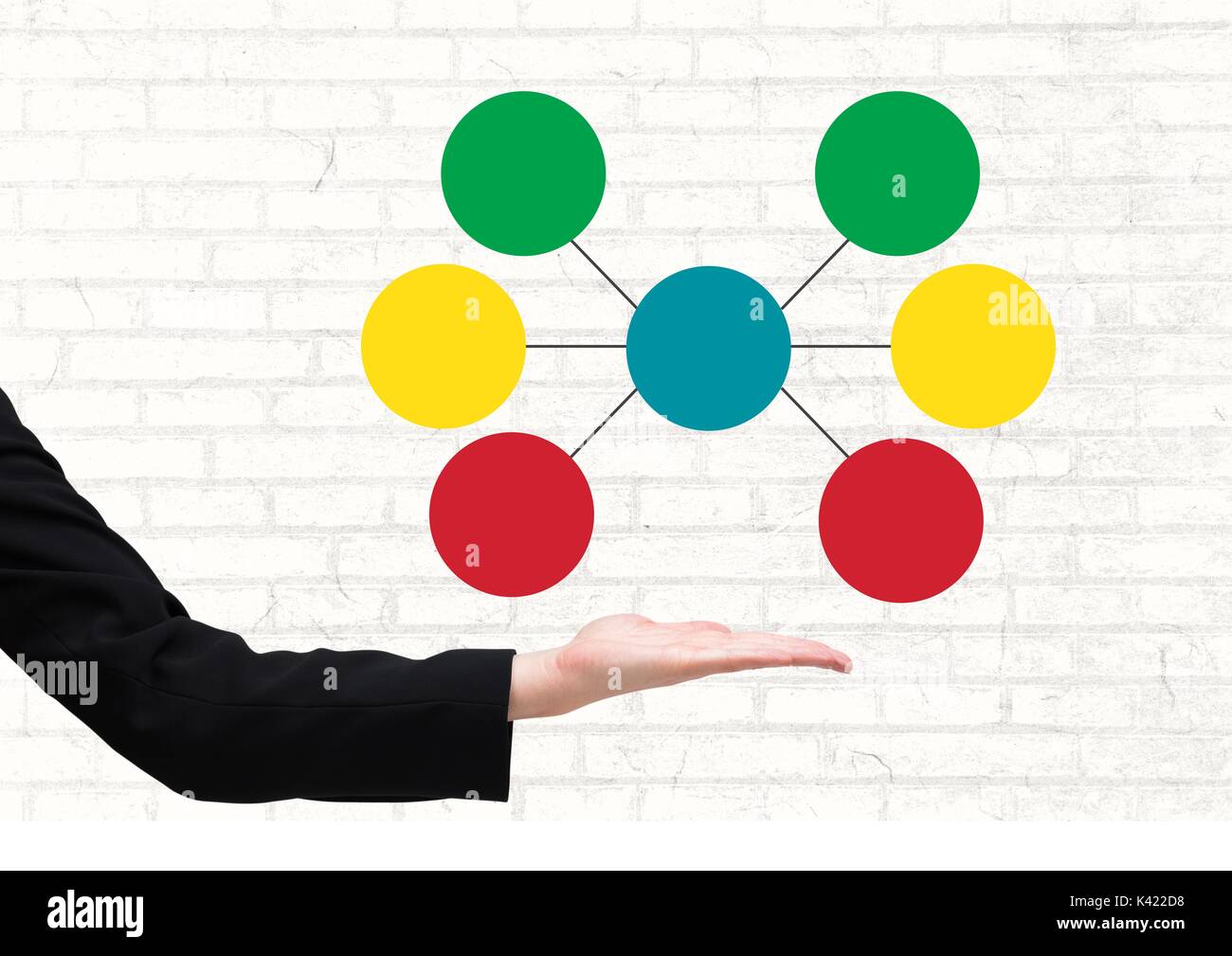 Digital composite von Hand- und bunte Mind Map über hellen Hintergrund Stockfoto