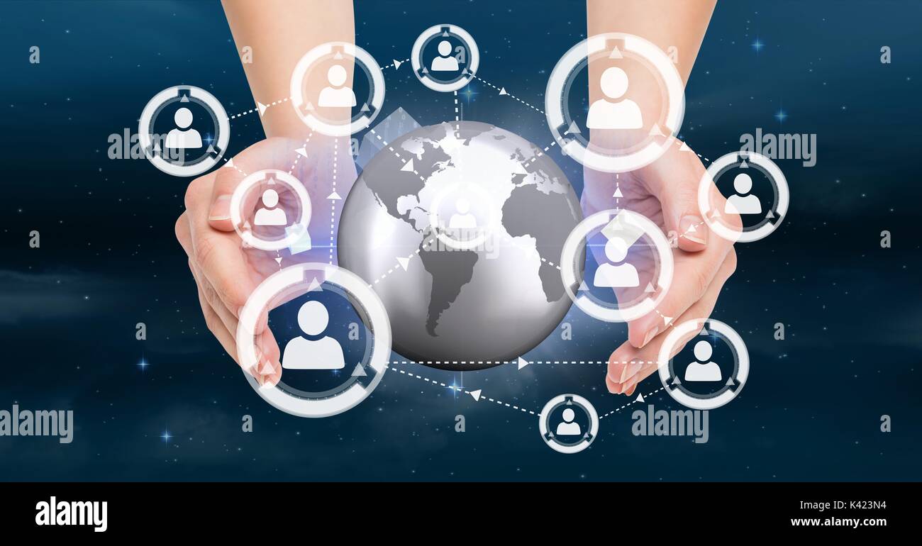 Digital composite der Hände halten ein Globus mit Anschlüssen Stockfoto