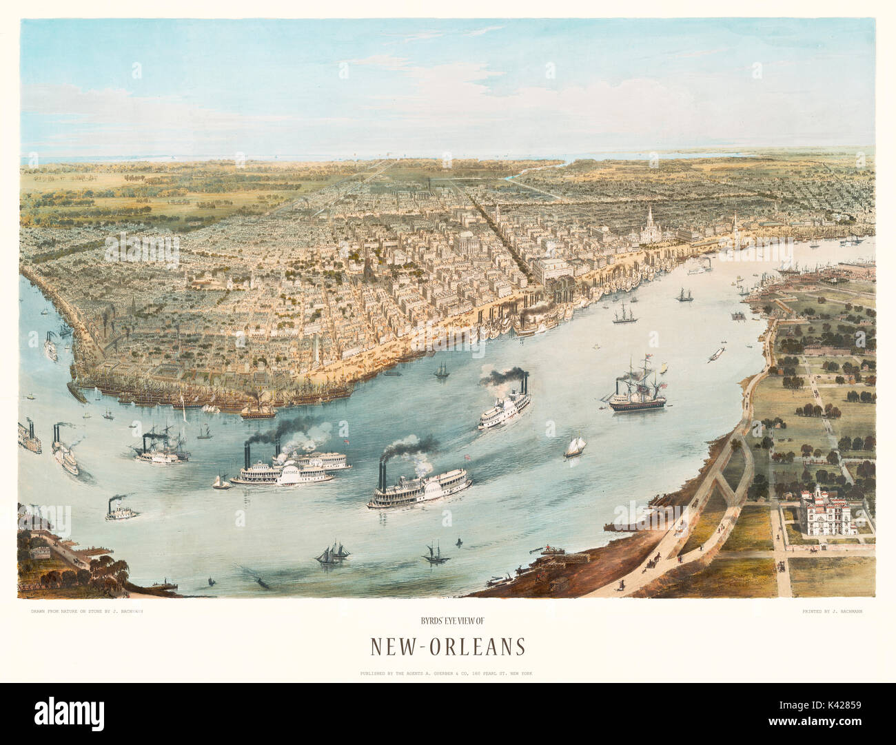 Alte Luftaufnahme von New Orleans, Louisiana. Von John Bachmann, Publ. A. Guerber & Co., 1851 Stockfoto