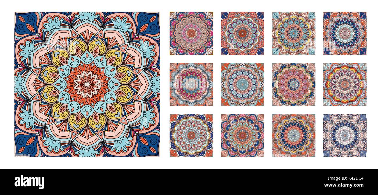 Blume625 Blau Gelb Orange Mandala Stock Vektor