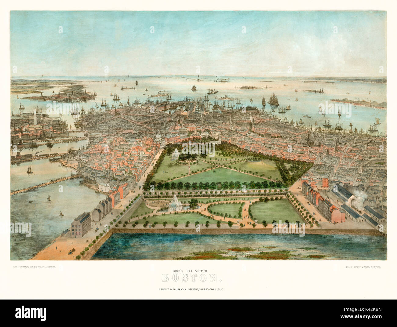 Alte Luftaufnahme von Boston, Massachusetts. Von John Bachmann, publ erstellt. Steven & Williams, New York, 1850 Stockfoto