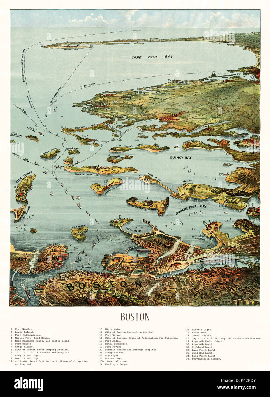 Alte Luftaufnahme von Boston Harbor und South Shore, Massachusetts. Erstellt und von John Murphy, 1901 veröffentlicht. Stockfoto