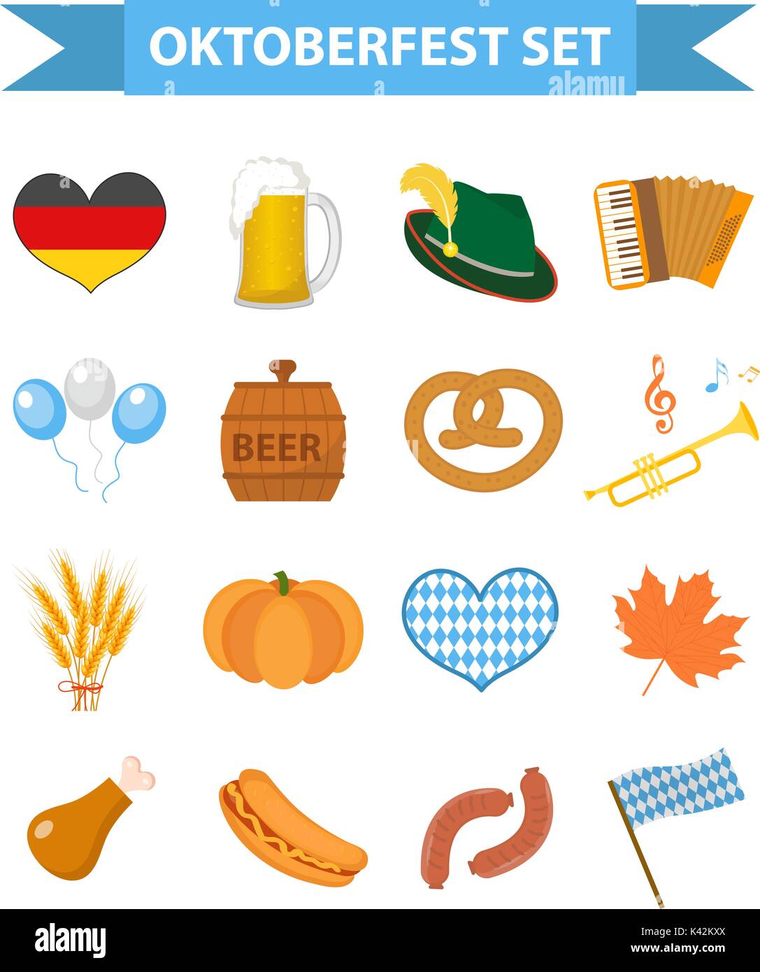 Oktoberfest Icon Set, flach oder Cartoon Stil. Oktober fest in Deutschland Sammlung von traditionellen Symbole, Designelemente mit Bier, Essen, cap. Auf weissem Hintergrund. Vector Illustration. Stock Vektor