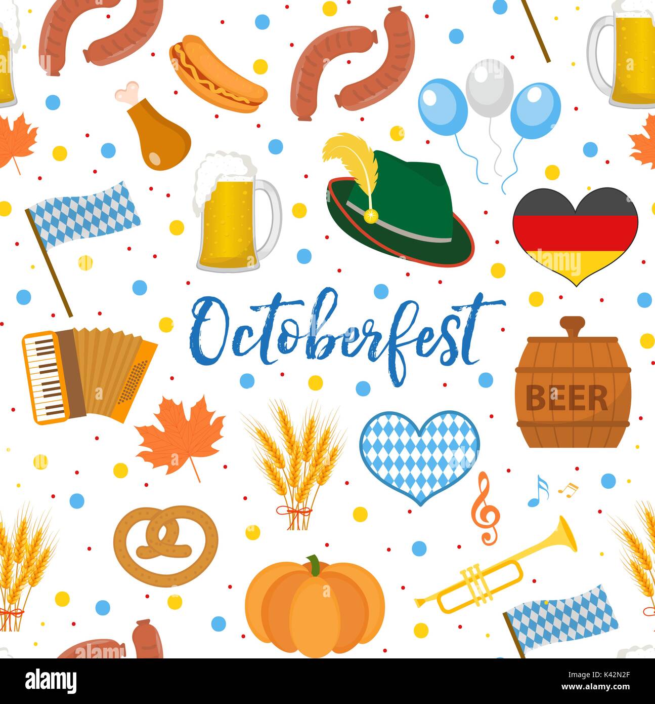 Oktoberfest nahtlose Muster. Oktober fest in Deutschland endlose Hintergrund. Sich wiederholende Textur mit Bier, Wurst und traditionelle Symbole. Vector Illustration. Stock Vektor