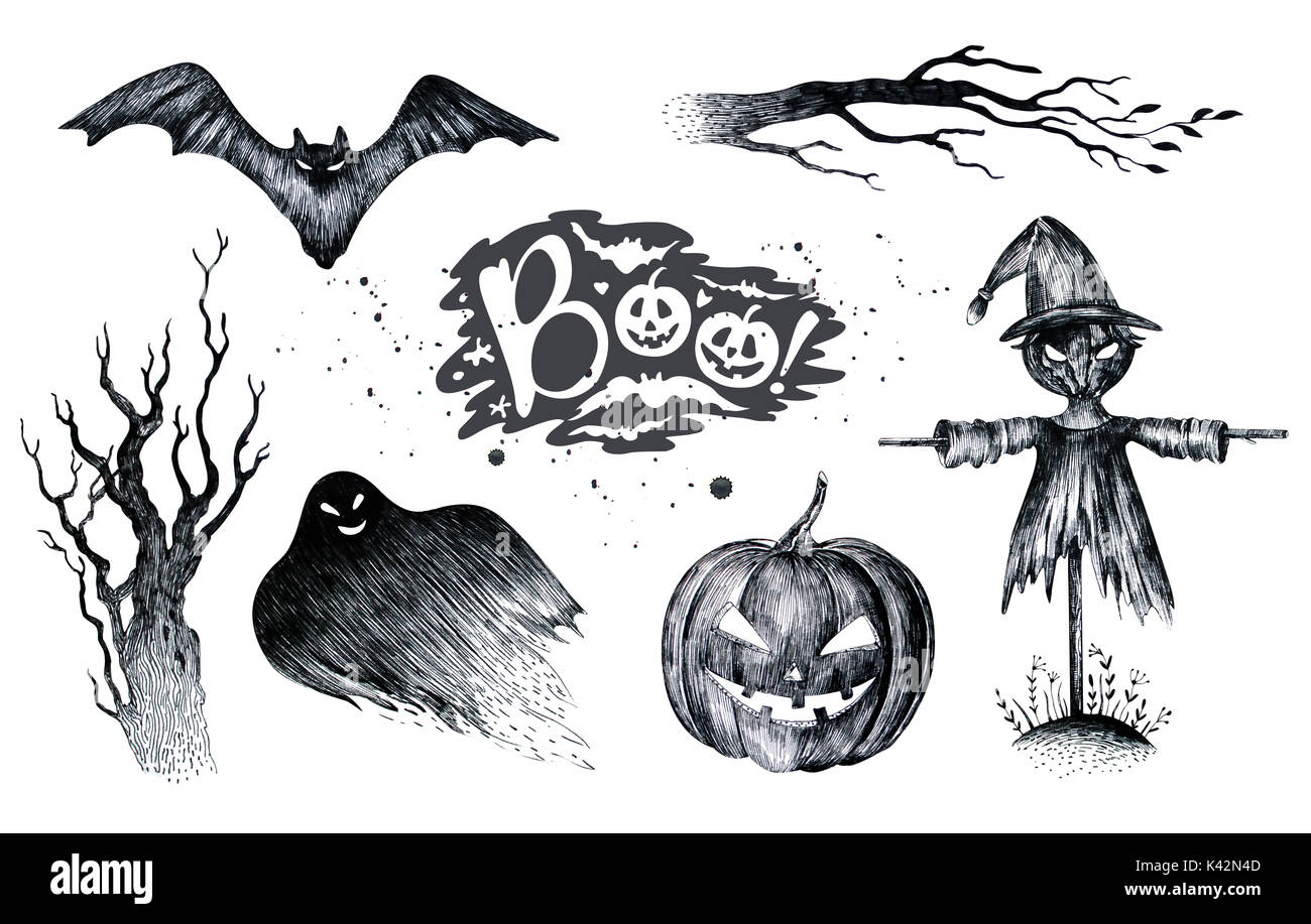 Halloween hand Zeichnung schwarz weiß Grafik Symbol gezeichnet Hallo  Stockfotografie - Alamy