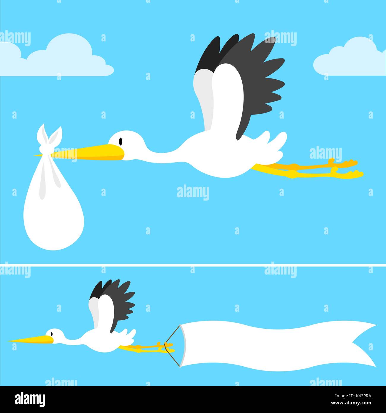 Cartoon Storch fliegen mit Banner und bündeln - Abbildung Stock Vektor