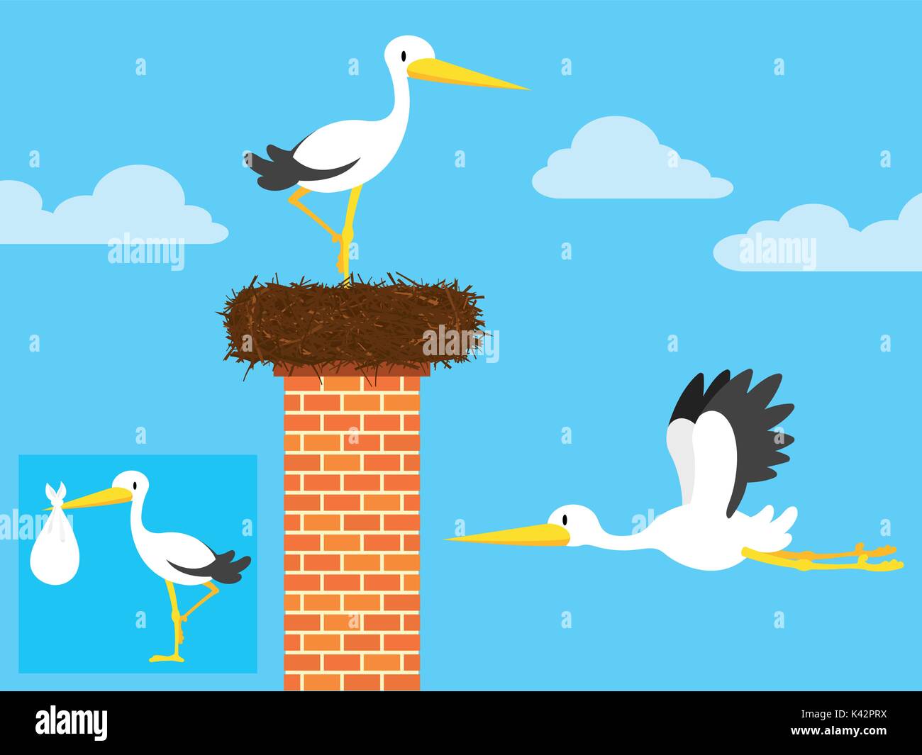 Cartoon Storch im Nest auf Kamin und Fliegen - Abbildung Stock Vektor