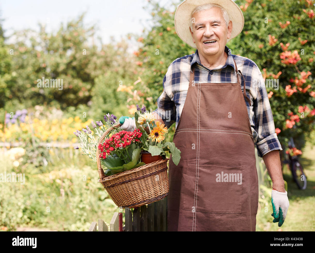 Er liebt es, über die Blumen im Garten Pflege Stockfoto