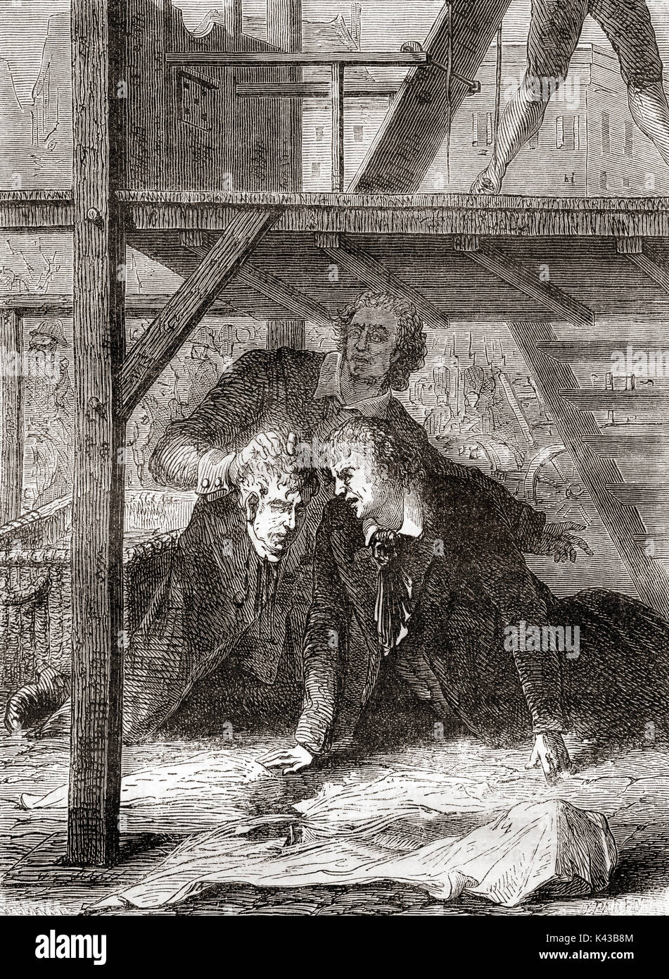 Ärzte aus der medizinischen Verbindung von Mainz führen ein Experiment auf ausgeführt, 1803. Nach behauptet, dass ein Kopf immer noch seine Sinne zwei Stunden nach der Enthauptung zwei Ärzte unter dem Gerüst geblieben und untersuchte die geköpften Häupter folgenden Ausführung durch die Guillotine, haben Sie keine Antwort von den Köpfen gewonnen und gezeigt, dass das Leben war ausgestorben und Tod sofort erhalten. Von Les merveilles de la Science, veröffentlicht 1870. Stockfoto