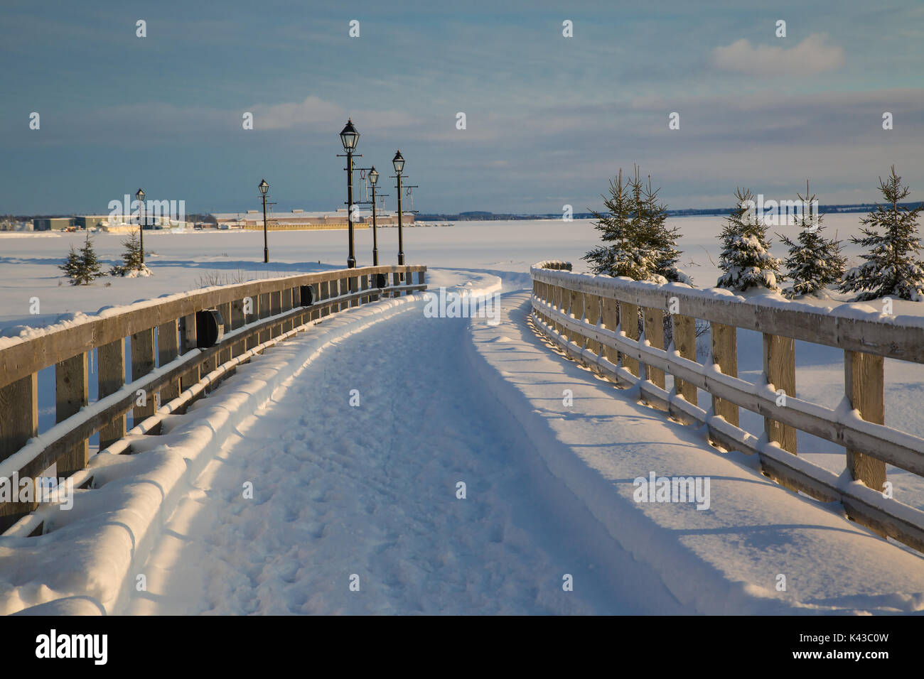 Winter boardwalk durch eine Stadt Park führt. Stockfoto